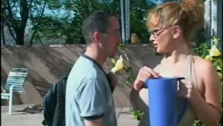 Lewd mom Rebecca Bardoux has oral sex and gets fucked in the yard