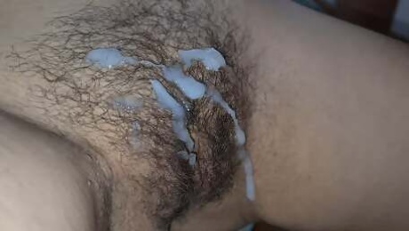 Hard fuck, cum on hairy pussy