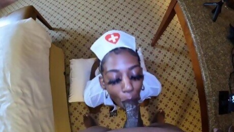 Petite Ebony Nurse Santana Knew How To Make BBC Feel Better. Sloppy Blowjob!!!