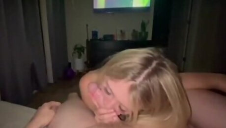 Horny Blonde Mom slurps & cleans two throbbing white cocks!!